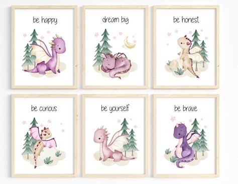 Dragon nursery art, Baby girl dragon prints, Girl dragon painting, Fairytale baby dragon, Toddler girl playroom, 6 Unframed Prints or Canvas Coordinating blanket also available using this link: https://www.etsy.com/listing/1631921240/personalized-baby-blanket-dragons-name?click_key=c8d0109b721294bbec64525489a4c783db17e2f4%3A1631921240&click_sum=79d0a967&ref=shop_home_active_2&sts=1 This listing is for a set of 6 designs with a dragon theme. IF ORDERING CANVAS: PLEASE NOTE THAT PROCESSING AND SHIPPING TIMES FOR CANVAS TAKE APPROXIMATELY 10-14 BUSINESS DAYS. ADDITIONAL SHIPPING FEES APPLY OUTSIDE OF THE USA - PLEASE CONTACT ME FOR A SHIPPING QUOTE PRIOR TO MAKING A PURCHASE FOR CANVAS IF YOU ARE NOT SHIPPING TO THE USA. This would make a wonderful addition to your nursery or a great gift for Baby Dragon Nursery, Dragon Baby Nursery, Fairytale Nursery Theme, Girl Playroom, Dragon Painting, Dragon Ideas, Dragon Nursery, Wall Art Purple, Dragon Wall Art