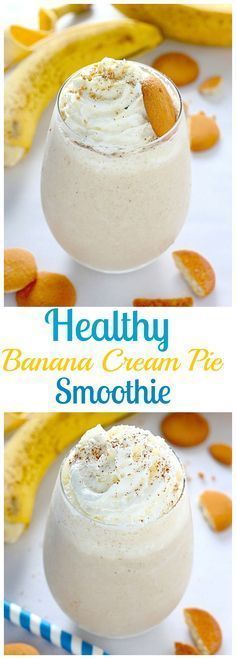 Healthy Banana Cream Pie Smoothie - this is incredible! Takes 3 minutes to whip up and tastes good as dessert! Healthy Banana Cream Pie, Banana Cream Pie Smoothie, Resep Smoothie, Protein Smoothies, Smoothie Healthy, Tasty Drinks, Healthy Banana, Delicious Lunch, Banana Cream Pie