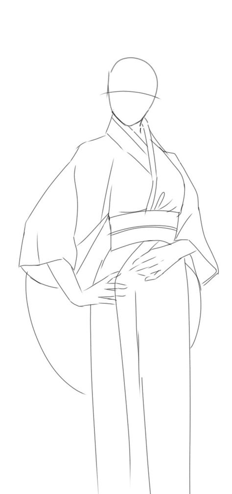 Kimono Pose Drawing, Anime Kimono Design Drawing, Japanese Women Drawing, Kimono Poses Reference Drawing, Female Kimono Drawing, Kimono Pose Reference, Kimono Technical Drawing, Kimono Base Drawing, Anime Woman Drawing Base