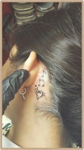 Music Notes Tattoo On Neck, Cute Back Of The Ear Tattoos For Women, Music Neck Tattoos Women, Music Note Tattoos For Women Behind Ear, Behind The Ear Tattoo Ideas Music, Behind The Ear Music Tattoo, Music Note Ear Tattoo, Music Notes Tattoo Behind Ear, Behind Ear Tattoo Music