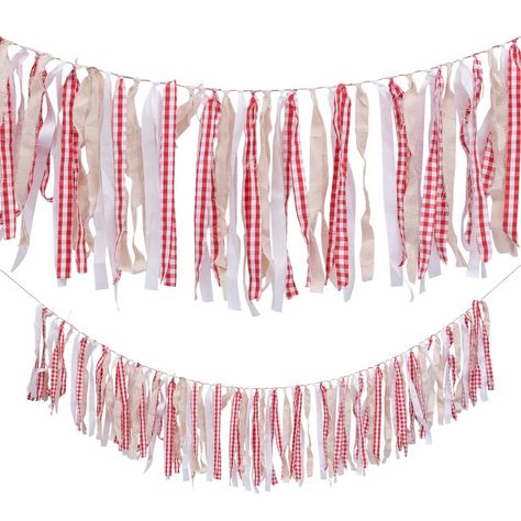 Add some nostalgic charm to your party or event with the help of this unusual garland featuring gingham strips along with other solid color strips for a picnic-type look. A great decoration for any gingham themed event, this garland has some movement to it if it catches a breeze, adding depth to the overall decorative look of a party space. Polyester with jute cording. 6 ft. x 12 1/4" © OTC Red Gingham Party Decor, Low Country Boil Decorations, Americana Theme Party, Gingham Party Decor, Bbq Theme Party, Bbq Dinner Party, Cowboy Party Decorations, Picnic Themed Parties, Western Party Decorations