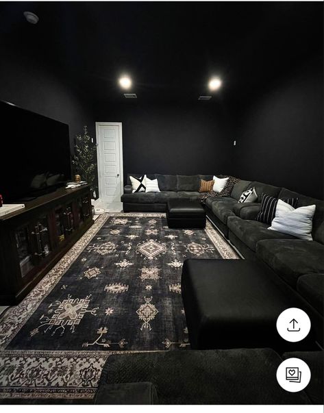 Movie Room Rug, Dark Colored Living Rooms Ideas, Dark Living Room Rug, Dark Moody Basement Ideas, Dark Basement Aesthetic, Rug On Dark Wood Floor, Dark Rugs In Living Room, Living Room Inspiration Dark, Dark Rug Living Room