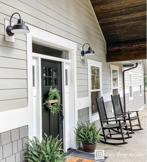 Top Sherwin Williams Paint - Jennifer Decorates Light Grey House White Trim, Top Sherwin Williams Paint Colors, Light Gray House Exterior, Light Grey House, Exterior Paint Sherwin Williams, Door Planters, Sherwin Williams Exterior Paint Colors, Modern House Colors, Green Bushes