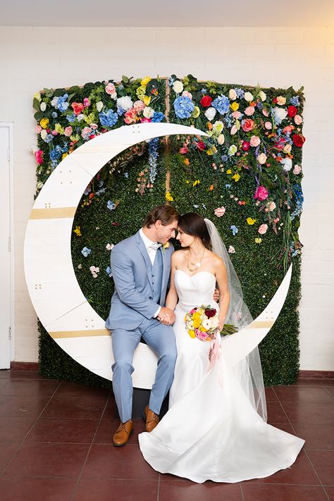 Moon Wedding Theme, Whimsical Celestial, Photo Booth Setup, Boxwood Backdrop, Colorful Picnic, The Moon And The Sun, Moon And The Sun, Wedding Venue Los Angeles, Modern Inspiration