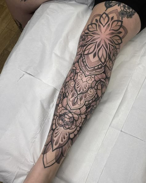 Full Leg Tattoos Women Sleeve Mandala, Woman Full Leg Sleeve Tattoo, Leg Sleeves For Females Ideas, Viking Leg Sleeve, Leg Mandala Tattoo, Mandala Tattoo Leg Sleeve, Ornamental Leg Sleeve, Womens Leg Sleeve Tattoo, Flower Leg Sleeve Tattoo