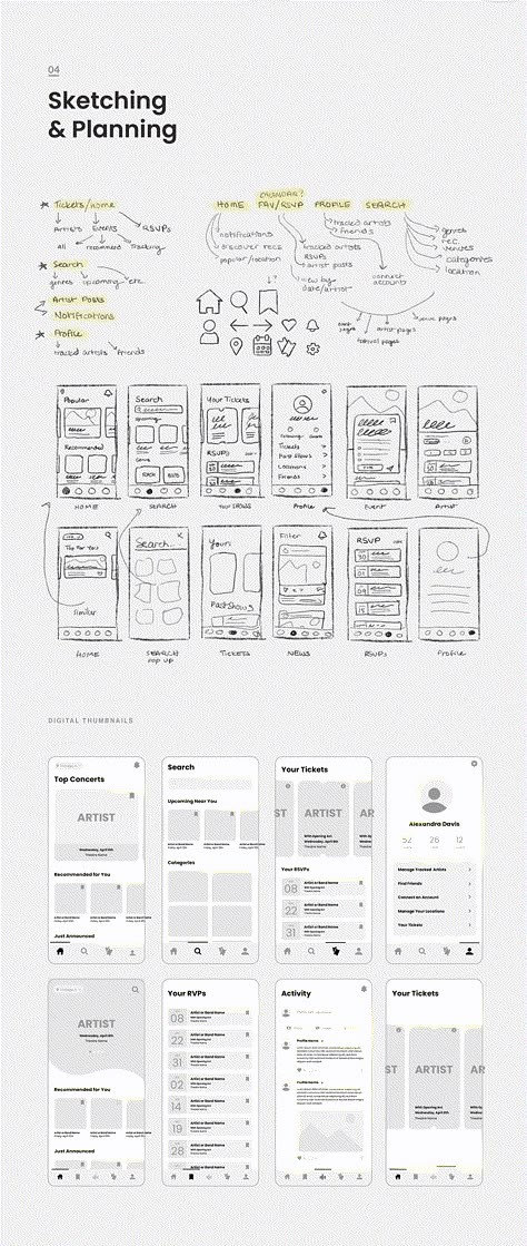 Bandsintown Mobile App Redesign on Behance Ux Design Wireframe Sketch, Website Sketch Design, Ux Wireframe Sketch, Ux Design Sketch, Low Fidelity Wireframes App, Low Fidelity Wireframes Mobile App, App Wireframe Sketch, Simple Mobile App Design, Web Design Sketch