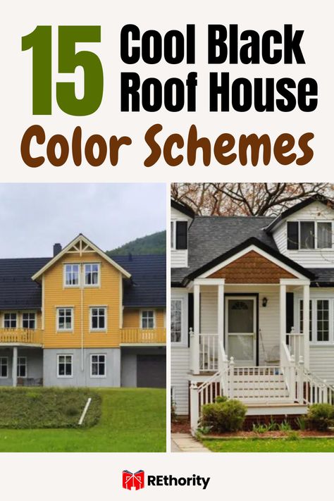 If you're looking for a unique style for your home, you'll love these 15 cool black roof house color schemes! Whether you're aiming for a modern look or a timeless classic, these color combinations are sure to make your house stand out from the crowd and give it the perfect finishing touch. From contemporary to traditional and everything in between, the options are endless. Ready to find the perfect look for your home? Keep reading to explore our favorite black roof house color schemes! Black Tin Roof Color Schemes, Black Roof Beige House, Black Roof House Exterior Colors, Houses With Black Roofs Exterior Colors, House Color With Black Roof, Black Roofs Color Schemes, Exterior House Colors With Black Roof And White Windows, Exterior Paint Colors For House With Black Roof, Black Roof Exterior Color Schemes