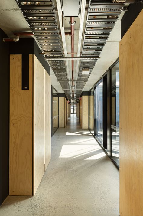 birch ply ceiling/doors over black back paneling for wardrobes+kit. cab+lav. cab.+storage, terrazo floor, black frmed openings, black signage, exposed HVAC+22+26 2016 Pictures, Boarding House, Ceiling Design Modern, Student House, Student Accommodation, Birch Ply, Ceiling Design, Picture Gallery, Wall Design