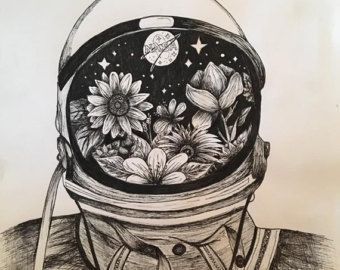 Floral astronaut helmet tattoo Astronaut Helmet Tattoo, Floral Astronaut, Astronaut Drawing, Helmet Drawing, Helmet Tattoo, Astronaut Tattoo, Astronaut Helmet, Space Drawings, Astronaut Art