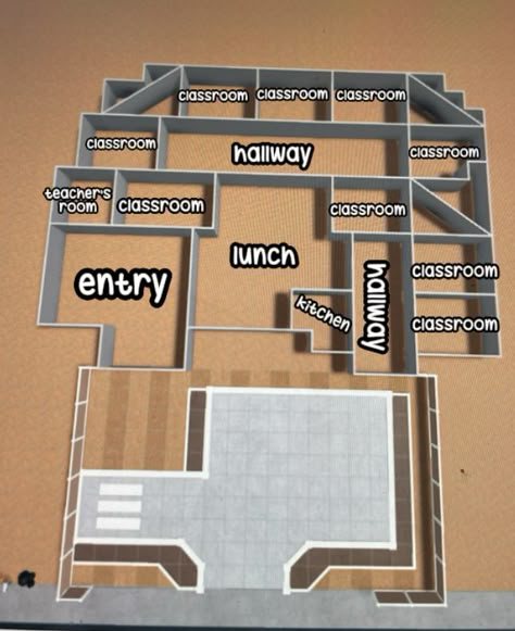 Boarding School Layout Plan, Bloxburg School Layouts 2 Story, Bloxburg Dorm, Bloxburg School Build, Bloxburg School Layouts, Town Decals, Bloxburg Neighborhood, Preschool Layout, Minecraft Town Ideas