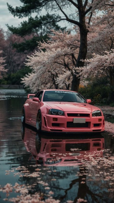 Cherry Blossom Car Wallpaper, Pink Car Wallpaper Iphone, Pink Jdm Wallpaper, Pink Gtr, Nissan Skyline Wallpaper, Nissan Gtr Wallpapers, Nissan R34, Nissan Gtr R34, R34 Skyline