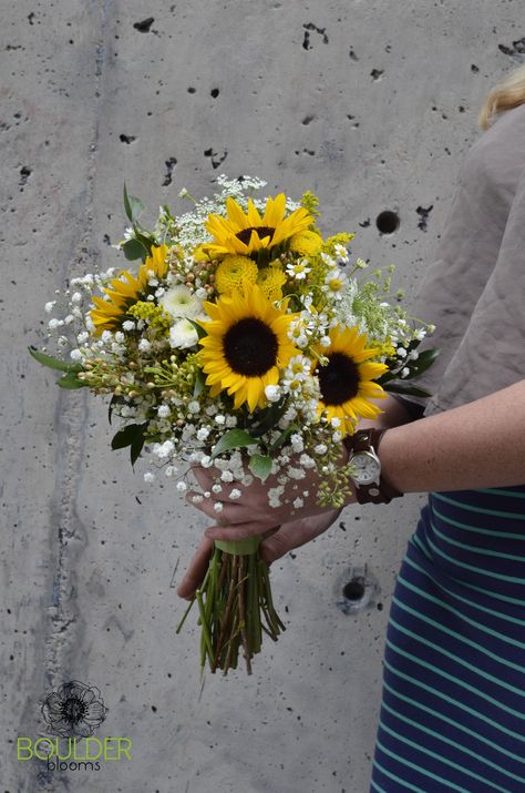 Bridal Bouquet with mini black eyed sunflowers, white pom pom mums, babies breath, queen anne's lace, feverfew, and yellow button pom pom mums. -Boulder Blooms Black And White Sunflower Wedding, Sunflower And Baby Breath Bouquet, Black White And Yellow Wedding, Simple Sunflower Bouquet, Mini Sunflower Bouquet, Flower Bouquet Sunflower, Mum Bouquet, Tumblr Flower, Bouquet Sunflower