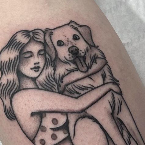 Gem Carter on Instagram: "And just in case you weren’t fed up of dog content, I got to make this tattoo for @graceelizphoto today- adjusted from my flash to look like her lovely boy Floyd. Thank you so much, I absolutely loved doing this! 🐶" Three Dogs Tattoo, Hugging Dog Tattoo, Traditional Tattoos Flower Sleeve, Dog Best Friend Tattoo, Dog Portraits Tattoo, American Traditional Labrador Tattoo, Tattoos Dogs Ideas, Traditional Labrador Tattoo, Dog And Girl Tattoo