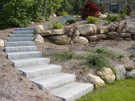 Connecticut Granite Steps, Concrete Steps, Landscape Steps & Stairs Outdoor Stone Steps, Granite Stairs, Stairs Outdoor, Flagstone Steps, Garden Walkways, Paver Steps, Sloped Backyard Landscaping, Landscape Stairs, Landscape Steps