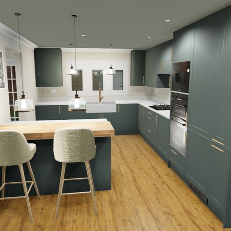 Kitchen With Quartz, Quartz Worktop, Green Kitchen, Wren, Green