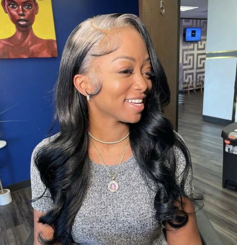 Skunk Hair, Black Hair Wigs, Blonde Highlights On Dark Hair, Grey Roots, Dark Hair With Highlights, Pretty Hair Color, Dope Hairstyles, Hair Laid, Front Lace Wigs Human Hair