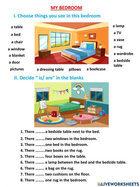 Bedroom Exercises, My Home Worksheet, Bedroom Worksheet, Rooms In The House Worksheets For Kids, Things In The House Worksheet, Different Rooms In A House Worksheet, House Equipment, Live Worksheet, Simple Present Tense Worksheets