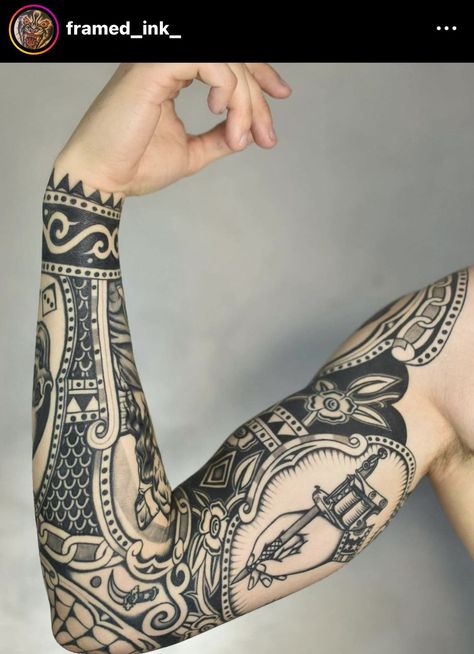 Traditional Black And White Sleeve, American Traditional Full Sleeve, American Traditional Framed Sleeve, American Traditional Sleeve Tattoos, Framed Traditional Tattoo Sleeve, Black Traditional Sleeve, American Trad Sleeve, Traditional Full Sleeve Tattoo, Art Deco Tattoo Sleeve