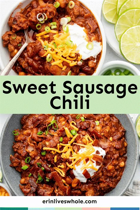 This Italian sausage chili recipe is a go-to for a quick and easy weeknight dinner that is full of flavor. The perfect combination of ground beef, sweet Italian sausage, and a medley of spices makes for a delicious and filling meal that the whole family will love. Dinner Ideas With Italian Sausage, Recipes With Ground Italian Sausage, Italian Sausage Chili, Sausage Chili Recipe, Ground Italian Sausage Recipes, Sweet Chili Recipe, Sweet Italian Sausage Recipes, Ground Sausage Recipes, Sausage Chili