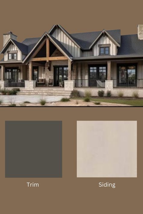 Taupe And Brick Exterior House, New Home Exterior Colors, Calming Exterior House Colors, Houses With Rock And Siding, Beige House Garage Door Color, Clay Colored Siding Houses, Tan Siding Black Windows, Cream Colored Exterior House, Gray Exterior Color Schemes Farmhouse