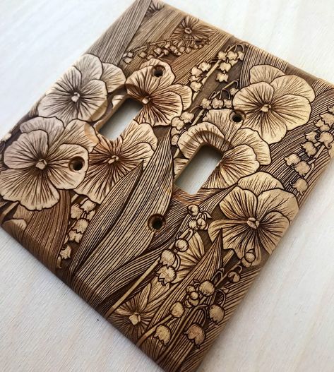 Double Wood Light Switch Cover Violet and Lily of the Valley Lightswitch Cover Plate 2 Toggle - Etsy Unconventional Art, Woodburning Art, Beginner Wood Burning, Woodburning Ideas, Glowforge Projects, Woodburning Projects, Wood Art Projects, Pyrography Art, Woodworking Inspiration