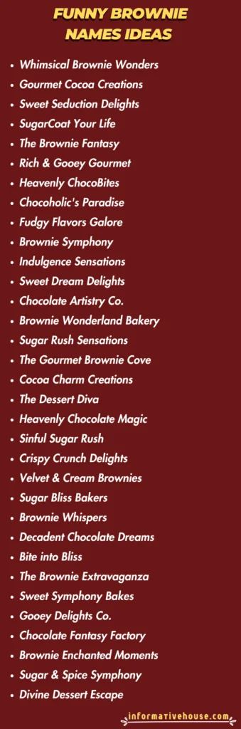 Indulge in Delicious Delights: 499+ Funny Brownie Names Ideas! Brownie Logo Ideas, Chocolate Shop Names Ideas, Brownie Business Name Ideas, Brownies Logo Design Ideas, Sweet Treats Business Names, Cake Business Names, Brownie Business, Brownie Shop, Food Cart Business