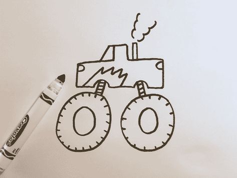 Simple Monster Truck Drawing, How To Draw Monster Truck, Monster Truck Doodle, Simple Truck Drawing, Monster Truck Drawing Easy, Draw Monster Truck, Easy Directed Drawing, Truck Doodle, Monster Truck Drawing