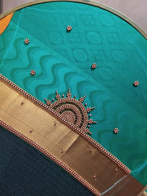 Blauj Dizain Hand Work, Sky Blue Aari Work Blouse Designs, Hand Border Aari Work Designs, Aari Simple Neck Design, Arri Work Blouse Designs Simple, Copper Aariwork Blouse Designs, Aari Work Blouse Simple Design For Hand, Simple Aari Neck Designs, Hand Aari Work Design