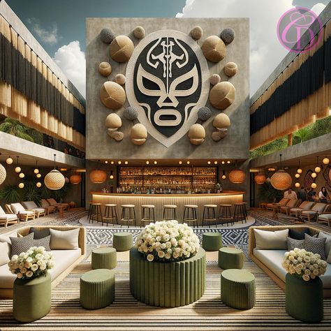 🇲🇽 Would you visit this Tequila/Mezcal Lounge Bar? My @giLherrera twist of Modern Mexican Resort Tequila/Mezcal Lounge Bar with a VERY Tulum VIBE!! UP TOP: I’m enjoying the curtain of henequén fiber in its natural color and a black tone across the center -A Luchador Mask because it’s VERY 🇲🇽 Mexican and I won’t be throwing in the towel after 3 shots😜, Jute wall decor against a cement wall, splashes of olive green because it relaxes me, comfortable rattan furniture throughout, and white rose... Mexican Cafe Interior, Mexican Restaurant Aesthetic, Jute Wall Decor, Arch Template, Cafe Rooftop, Restaurant Remodel, Mexican Resort, Mexican Restaurant Design, Mexican Bar