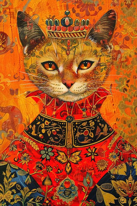 Add a touch of regal charm to your space with this vibrant Royal Cat Portrait Art Nouveau poster. Featuring a majestic cat adorned in ornate attire, this bohemian style animal art is perfect for creating a whimsical atmosphere in your home or office.  SPECIFICATIONS Royal Cat Portrait Poster Very high resolution, incredibly detailed, vivid colors. Choose from Premium Semi-Glossy or Museum Matte Finish Medieval Cat, Art Nouveau Cat, Medieval Kingdom, Majestic Art, Majestic Cat, Royal Cat, Russian Cat, Royal Animals, Russian Folklore