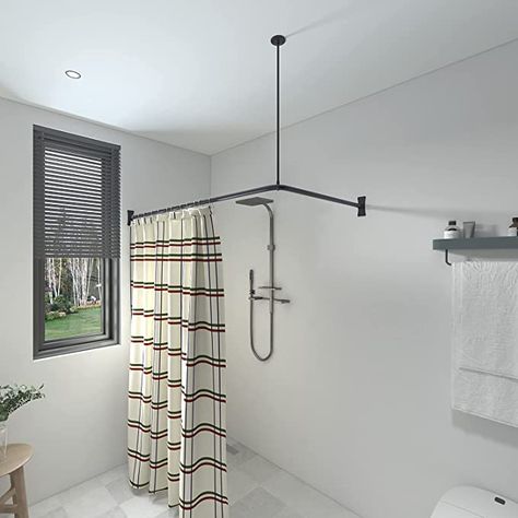 Rounded Shower Curtain Rod, Ceiling Shower Rod, Shower Curtain Rod From Ceiling, Corner Shower With Curtain, Corner Curtain Rod Ideas, Ceiling Shower Curtain Rod, Bath Curtain Ideas, L Shaped Shower Curtain Rod, Round Shower Curtain Rod