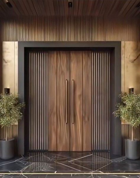 Black Marble Flooring, Modern Entrance Design, Entrance Wood Door, Elegant Entrance, House Front Door Design, Modern Entrance Door, Modern Entry Door, Modern Exterior Doors, House Main Door Design