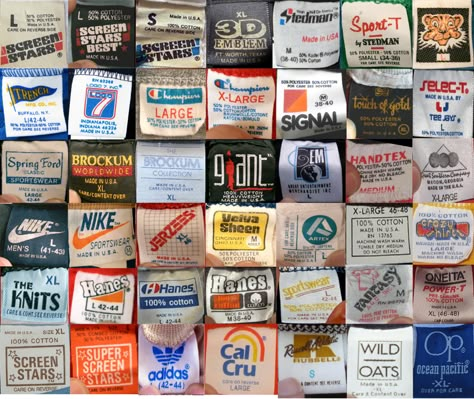 What is a vintage T-shirt? And how to identify one. – T-Shirt Time Machine Emblem Ideas, Shirt Tags, Vintage Brands, T Shirt Label, Vintage Brand Clothing, T Shirt Time, Shirt Label, Old Shirts, Old T Shirts