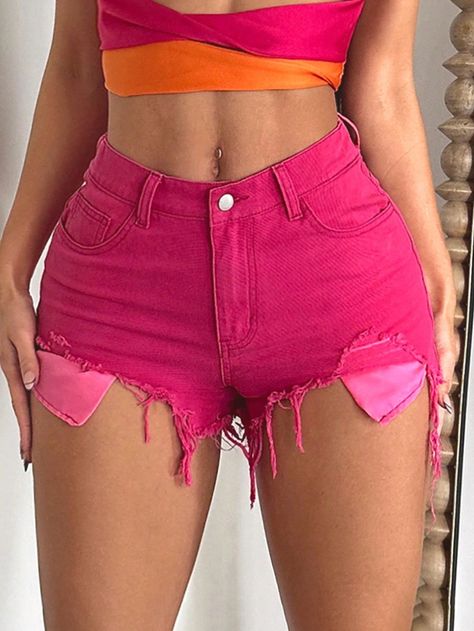 SHEIN SXY Ripped Raw Hem Denim ShortsI discovered amazing products on SHEIN.com, come check them out! Shorts Rosa, Pink Booties, Hot Pink Shorts, Neon Outfits, Pink Things, Pink Collar, Pink Jeans, Teenager Outfits, Short Jeans