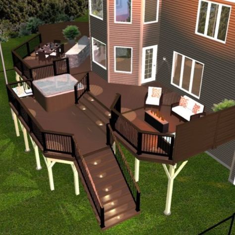 Fire Pit Square, Deck With Hot Tub, Multi Level Deck, Tub Deck, Deck Fire Pit, Hot Tub Deck, Backyard Fire Pit, Dream Deck, Hot Tub Backyard