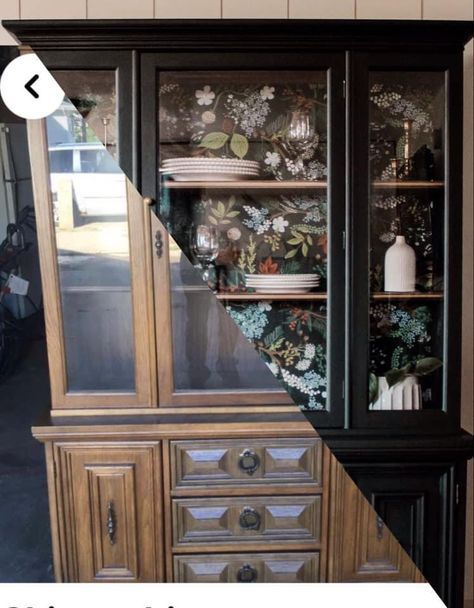 Using A Hutch In An Office, Refinished China Cabinet With Wallpaper, Black China Cabinet With Wallpaper, Hutch Wallpaper Back, Wallpaper In Hutch, Hutch With Wallpaper Back, Wallpaper China Cabinet, Black Hutch Makeover, Cabinet With Wallpaper