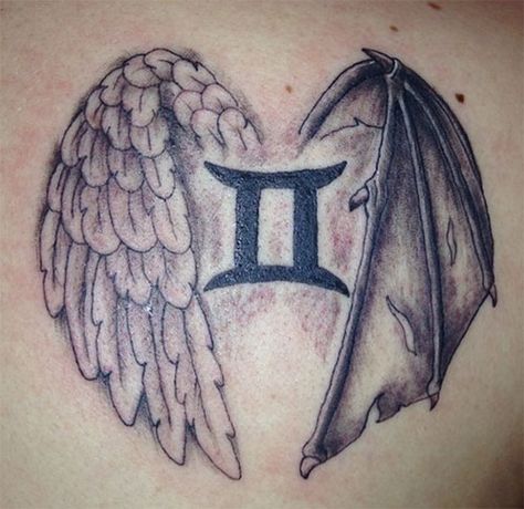 Angel and Devil wings. I wanna do something similar one day but I just don't what yet. Angel Devil Tattoo, Gemini Tattoo Designs, Twin Tattoos, Devil Tattoo, Taurus Tattoos, Demon Tattoo, Gemini Tattoo, Zodiac Sign Tattoos, Geniale Tattoos