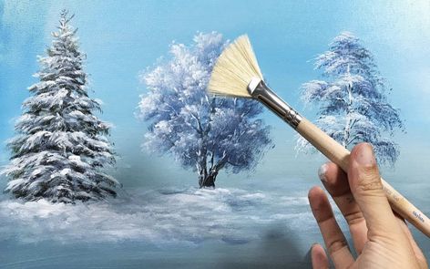 Winter Tree Drawing, Coloring Painting, Christmas Tree Drawing, Painting Simple, Water Coloring, Simple Acrylic, Acrylic Painting Lessons, Winter Tree, Fan Brush