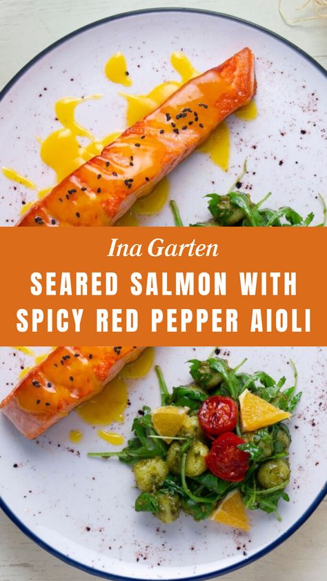 Ina Garten Seared Salmon With Spicy Red Pepper Aioli Red Pepper Aioli, Spicy Aioli, Chipotle Peppers, Seared Salmon, Barefoot Contessa, Chipotle Pepper, Salmon Fillets, Roasted Red Peppers, Jamie Oliver