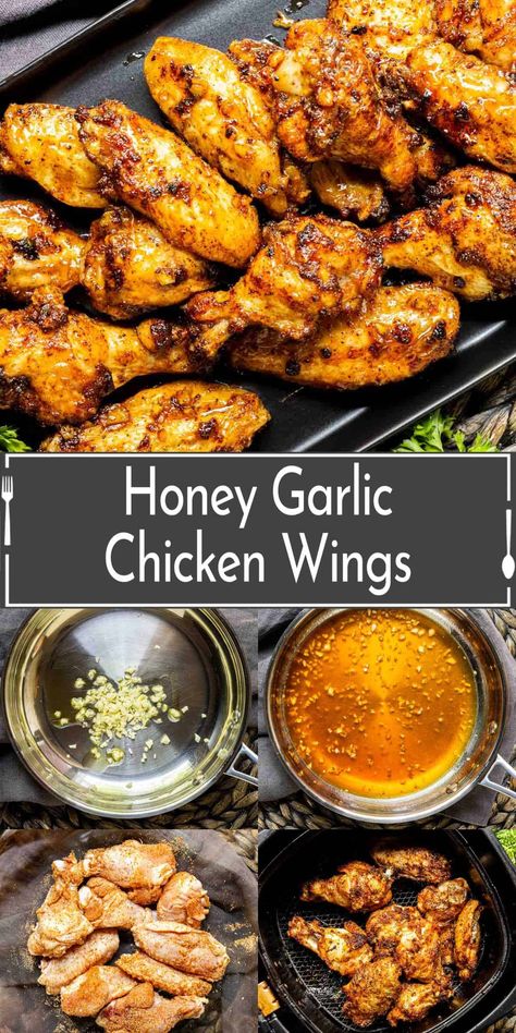 These delicious Honey Garlic Chicken Wings are cooked in the air fryer until perfectly crisp and then tossed in sweet and salty honey garlic sauce for the perfect dish! Make these easy air fryer chicken wings for your next game day party or serve them as a quick and easy weeknight dinner recipe. Lemon Garlic Chicken Wings, Air Fryer Honey Garlic Chicken, Baked Lemon Garlic Chicken, Garlic Chicken Wings Recipe, Wing Recipes Baked, Honey Garlic Chicken Wings, Wing Sauce Recipes, Chicken Wing Recipes Baked, Garlic Chicken Wings