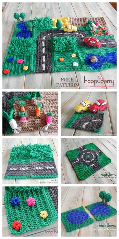 Crochet Road Play Mat Free Pattern for Kids Crochet Playmat Free Pattern, Crochet Games For Kids, Crochet Play Sets, Crochet Games Patterns Free, Crochet Montessori Toys, Crochet Baby Toys Free Pattern, Crochet Play Mat, Montessori Crochet, Crochet Games