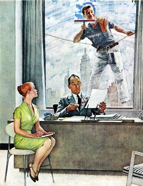 Norman Rockwell Work can sometimes have its perks, as Norman Rockwell's "fresh" young window washer is well aware. We have to give the daring fellow credit, suspended as he is 10 stories up. Meanwhile, Miss Shapely may have missed a few lines of dictation, but her boss, J.J. Fuddy of Fuddy & Duddly, hasn't even noticed. Norman Rockwell Prints, Norman Rockwell Art, Saturday Evening Post Covers, Rockwell Paintings, Norman Rockwell Paintings, Office Girl, Saturday Evening Post, Evening Post, Edward Hopper