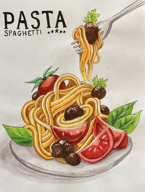 Italy Drawing Ideas, Pasta Drawing Easy, Italian Food Drawing, Spaghetti Drawing, Pasta Painting, Pasta Drawing, Spagetti Carbonara, Pasta Poster, Asparagus Tart