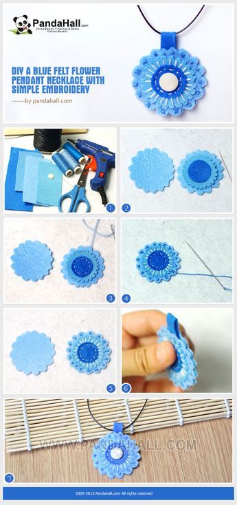 DIY a Blue Felt Flower Pendant Necklace with Simple Embroidery Felt Flower Necklace, Collars Diy, Felt Necklace, Felt Beads, Felt Crafts Diy, Felt Jewelry, Felt Embroidery, Felt Patterns, Felt Brooch