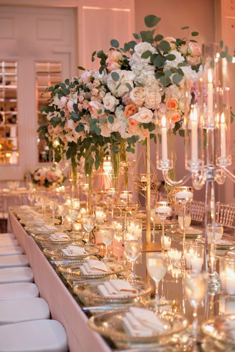 Timeless and elegant wedding. Picturesque floral arrangements. Touches of peach and blush, white color scheme. Romantic and intimate. Dazzling ballroom. Live band. Planned by Best Bride.  www.bestbride.la www.instagram.com/bestbride_ #wedding #peach #pink #jewish #elegant #classic #garden #white #floral #table #centerpiece Soft Pink Wedding Reception, Pink White Gold Floral Arrangements, Classic Blush Wedding, Peach And Ivory Wedding Decor, Ballroom Floral Arrangements, Pink White And Gold Wedding Receptions, Peach Wedding Reception Decor, Wedding Decorations Classic Elegant, Peach Gold And White Wedding Decor