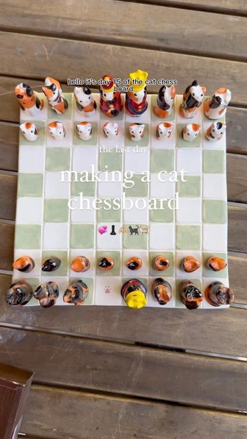 Cat Chess Board, Cat Chess Pieces, Making A Chess Board, Cat Chess Set, Chess Ceramic Handmade, Ceramic Final Project, Air Dry Clay Chess Board, Ceramic Checkers Board, Cute Chess Board