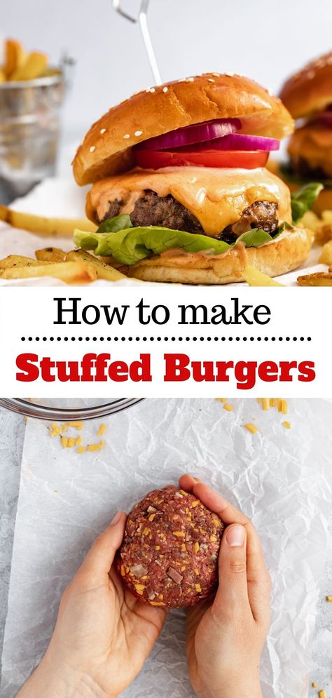 Homemade Sides, Cheese Stuffed Burgers, Grilled Burger Recipes, Stuffed Burgers, Burger Recipes Beef, Burger Party, Ultimate Burger, Juicy Burger, Cheeseburger Recipe