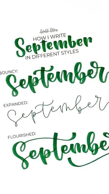 Marcella Astore | Hand Lettering Artist on Instagram: "Here are 3 ways to letter “September”! 🍂 - bouncy: my default style with an inconsistent baseline and nothing too extravagant - expanded: a stretched monoline style using the neglected side of my Dual Brush Pens -flourished: similar to bouncy, but a bit fancier and tricker Which one is your favorite? Marker: @tombowusa Dual Brush Pen 249 Paper: @astrobrights 28lb printer paper Nails: @impressmanicure Olive for Green #letteringwithpositiv Marker Fonts Hand Lettering, September Hand Lettering, Bouncy Lettering Alphabet, Bouncy Calligraphy Alphabet, September Lettering, Bouncy Lettering, Pencil Challenge, Brush Lettering Alphabet, Paper Nails