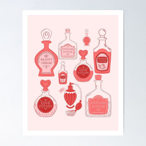 Love Potion Design Wall Art. Hand drawn design for cute vintage retro bottles. Beauty cream, dreams potion, love perfum in pink and red. Great for Valentines decor or your retro room Love Perfume, Girly Room Decor, Cupid Love, Christmas Punch, Valentines Decor, Retro Room, Girly Design, Love Potion, Girly Room