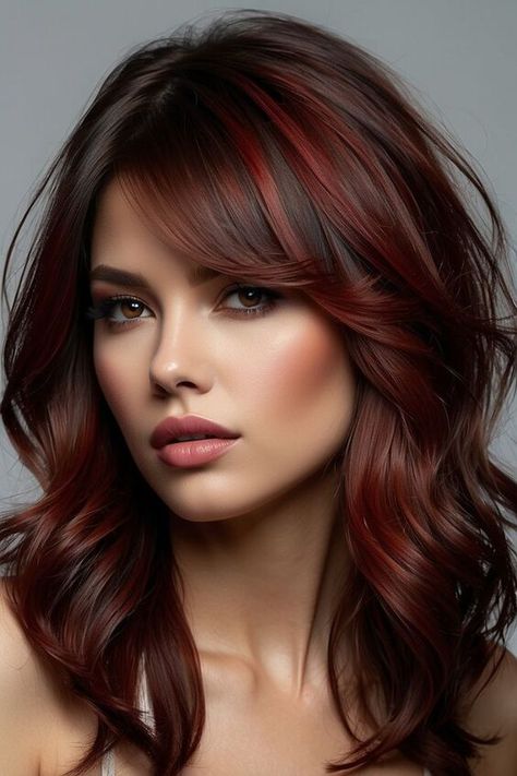 21 Ideas Stunning Summer Hair Colors for Dark Hair: Top Trends for 2024 Brunette Balayage Hair Caramel Red, Brunette With Red Undertones, Cooper Balayage Brunettes, Hair Colors For Dark Hair, Glamorous Curls, Auburn Highlights, Hair Color Unique, Color Highlights, Dark Red Hair